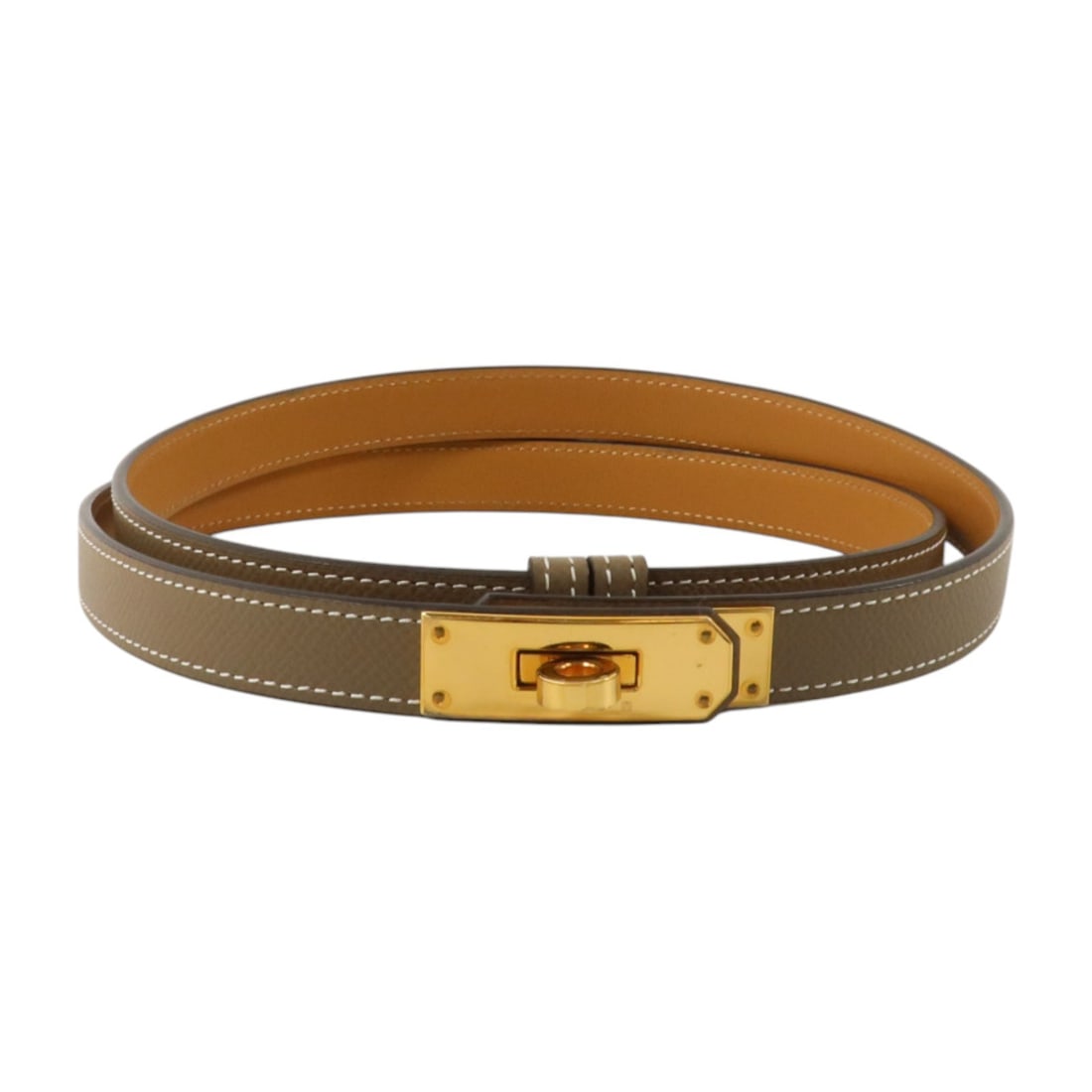 Hermes Kelly 18 Etoupe Epsom Calfskin Belt: Hermes Kelly 18 Etoupe Epsom Calfskin Belt A Hermes Kelly 18 belt in Etoupe Grey x GrayxEtoupe, crafted from Epsom and calfskin (cowhide). It features the Kelly 18 design and comes with storage box an