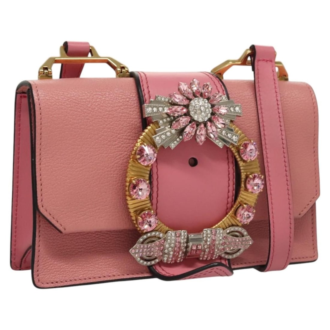Miu Miu Pink Leather Shoulder Bag with Dust Bag Card: Miu Miu Pink Leather Shoulder Bag with Dust Bag Card This Miu Miu shoulder bag is crafted from leather in pink and gold, with a compact silhouette and shoulder strap drop of approximately 55-60 cm. Ma