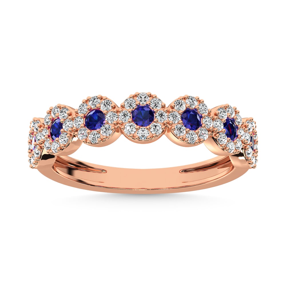 Diamond 5/8 Ct.Tw. Diamond and Blue Sapphire Stackable Band in 14K Rose Gold: Diamond 5/8 Ct.Tw. Diamond and Blue Sapphire Stackable Band in 14K Rose Gold 14k Rose Gold Stone Clarity: I1 Each ring is presented in standard size 6.5. Complimentary resizing is available between si
