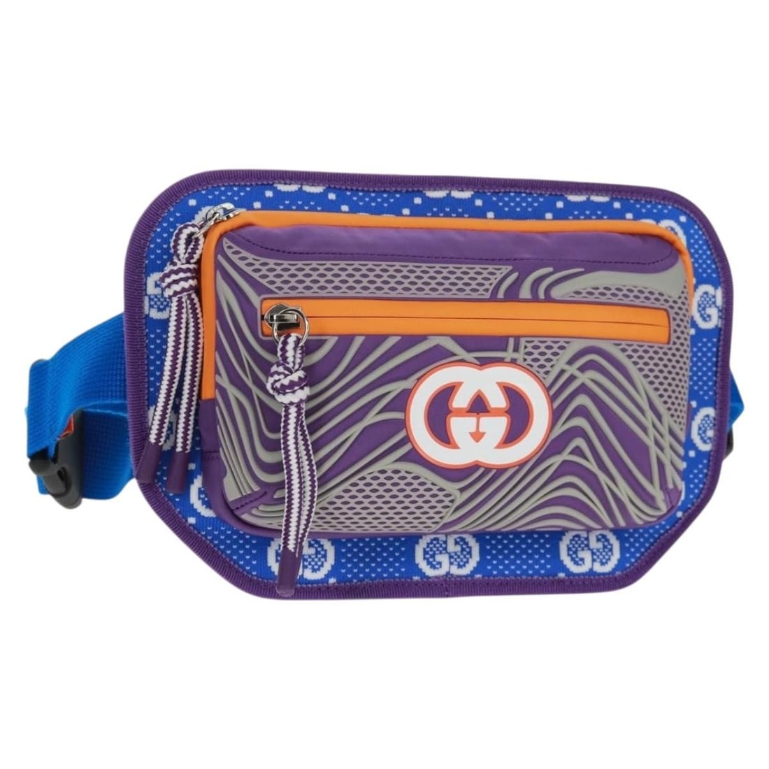 Gucci 752102 Interlocking G Nylon Waist Bag Purple Silver Dust Bag: Gucci 752102 Interlocking G Nylon Waist Bag Purple Silver Dust Bag Purple and silver Gucci waist bag made from nylon, styled as a compact belt bag with an adjustable shoulder strap. It includes a dust