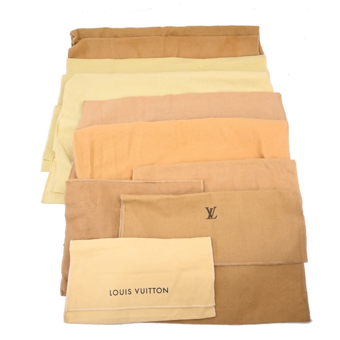 Set of 10 Louis Vuitton Cotton Dust Bags Brown Beige: Set of 10 Louis Vuitton Cotton Dust Bags Brown Beige Set of 10 Louis Vuitton dust bags in brown and beige cotton. These unisex dustbags show overall signs of use with reasonable wear and tear. Sizes v