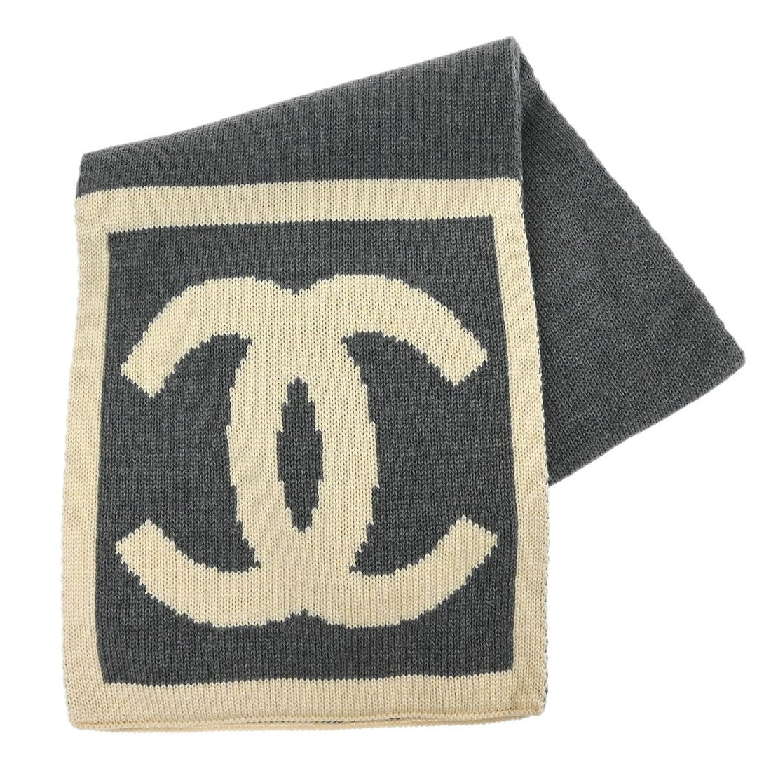 Chanel Sport Line logo shawl wrap white gray wool silk cashmere: Chanel Sport Line logo shawl wrap white gray wool silk cashmere Vintage Chanel Sport Line shawl/wrap in white and gray with logo accents. Made in France from a soft blend of wool, silk, and cashmere, 