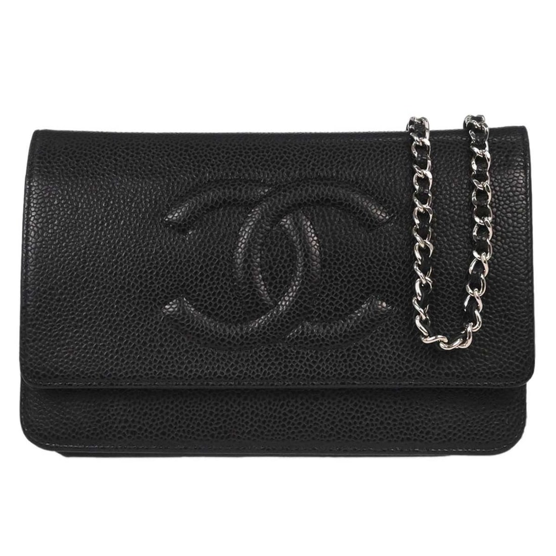 CHANEL Timeless WOC black caviar leather wallet on chain: CHANEL Timeless WOC black caviar leather wallet on chain Chanel Timeless WOC wallet on chain shoulder bag in black caviar skin leather. This folding wallet-style bag features a chain shoulder strap an