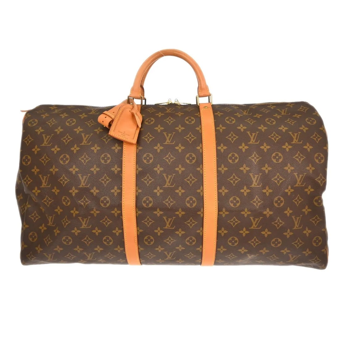Louis Vuitton Keepall travel bag in brown monogram canvas: Louis Vuitton Keepall travel bag in brown monogram canvas Louis Vuitton Keepall in brown monogram canvas. This unisex travel bag is in good condition with visible wear, including scuffs, dirt, stains,