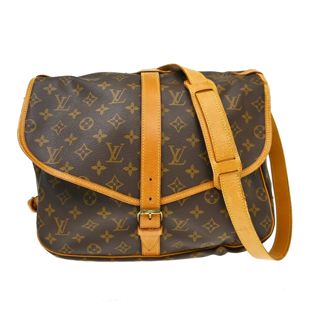 Louis Vuitton Saumur 35 Monogram Crossbody Shoulder Bag M42254: Louis Vuitton Saumur 35 Monogram Crossbody Shoulder Bag M42254 Vintage Louis Vuitton Saumur 35 shoulder bag in brown Monogram canvas with leather trim and a buckle closure. This unisex bag features a 