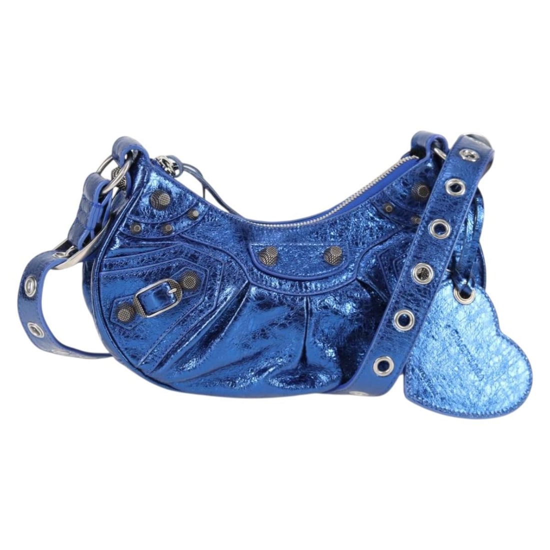 Balenciaga 671309 Luka Goal Leather Shoulder Bag Blue Silver: Balenciaga 671309 Luka Goal Leather Shoulder Bag Blue Silver Balenciaga Luka Goal shoulder bag in blue and silver leather, made in Italy. This women's shoulder bag measures approximately 25 cm W x 11 