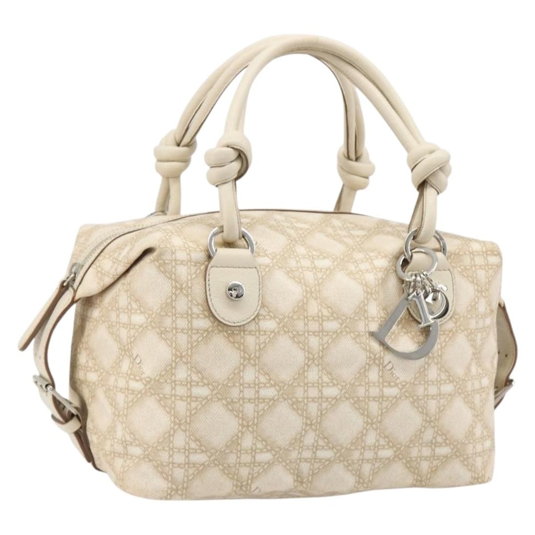 Christian Dior Panarea Canvas Handbag Ivory Silver Made in Italy: Christian Dior Panarea Canvas Handbag Ivory Silver Made in Italy Christian Dior Panarea handbag in ivory and silver canvas, made in Italy. It features a structured hand bag style with a handle drop of