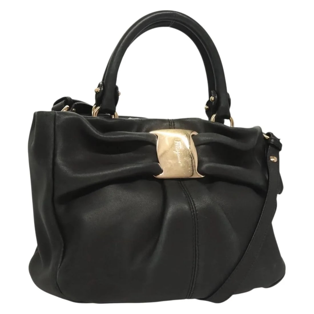 Black Leather Handbag Salvatore Ferragamo Vala 26cm x 20cm x 11cm: Black Leather Handbag Salvatore Ferragamo Vala 26cm x 20cm x 11cm This Salvatore Ferragamo Vala handbag is crafted from black leather, designed for women. It features metal fittings and includes a sho