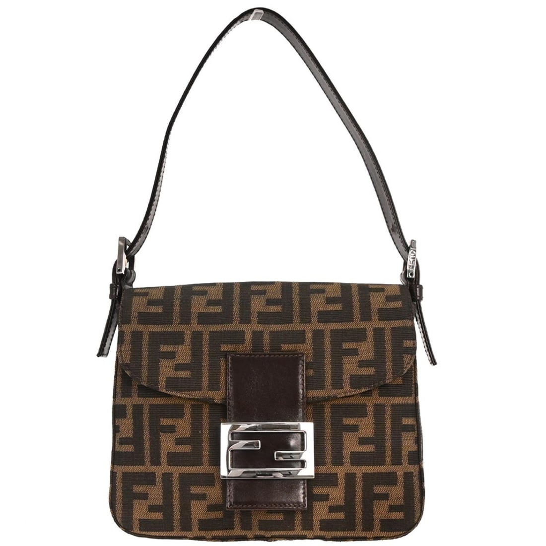 Fendi Zucca Small Brown Canvas Shoulder Bag: Fendi Zucca Small Brown Canvas Shoulder Bag Small Fendi Zucca handbag in brown canvas with black leather trim and silver-tone hardware. This women's shoulder bag features a magnetic closure, adjustabl