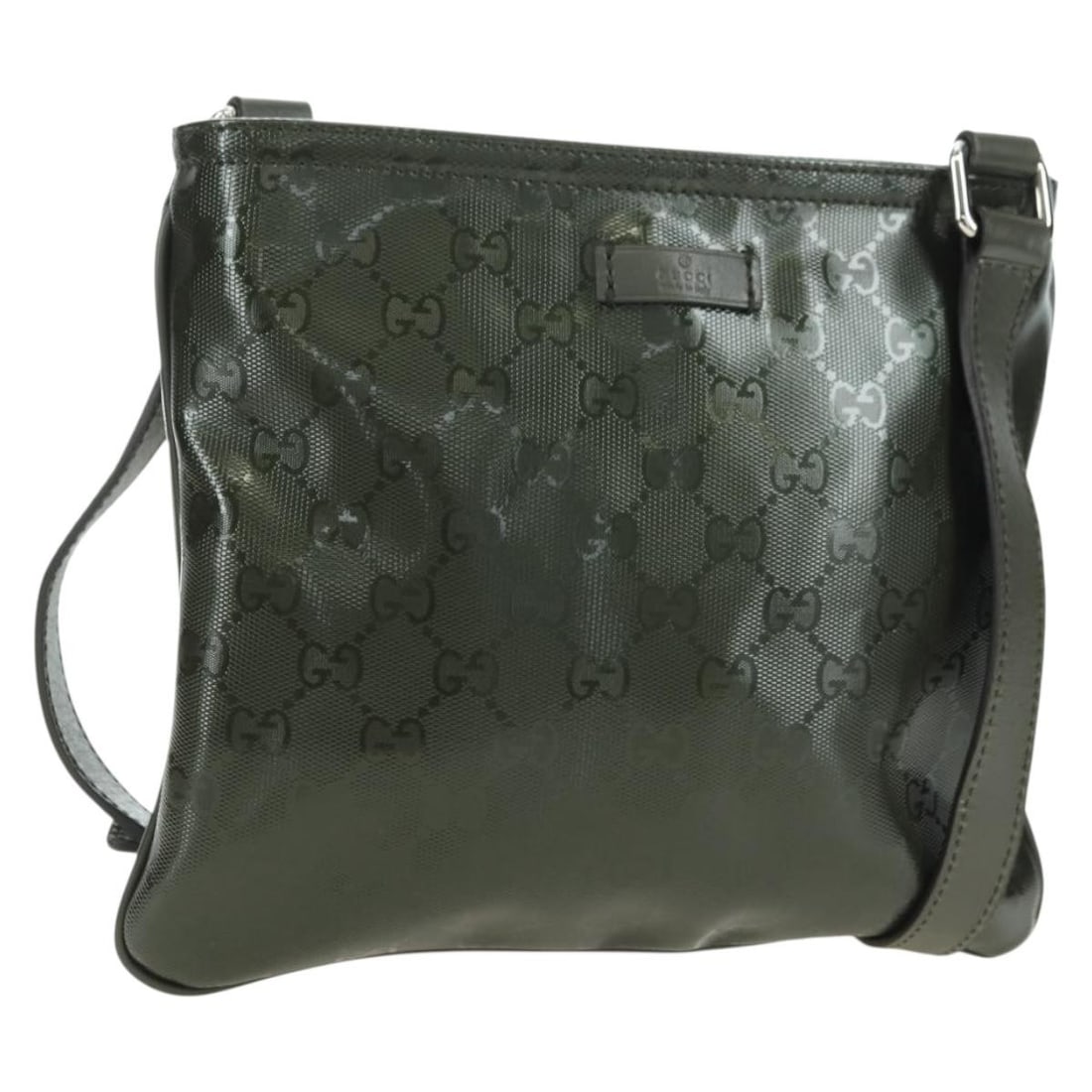 GUCCI 201538 GG Canvas Shoulder Bag Silver Khaki PVC Leather: GUCCI 201538 GG Canvas Shoulder Bag Silver Khaki PVC Leather This Gucci shoulder bag is made from PVC leather and GG canvas in a silver and khaki color combination. It was made in Italy and comes with