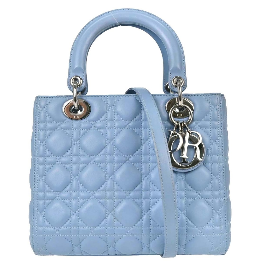 Dior Lady Dior Cannage blue lambskin 2 way satchel: Dior Lady Dior Cannage blue lambskin 2 way satchel Christian Dior Lady Dior Cannage 2-way handbag in blue lambskin with quilted detailing. This medium satchel features double handles, a zip closure, r