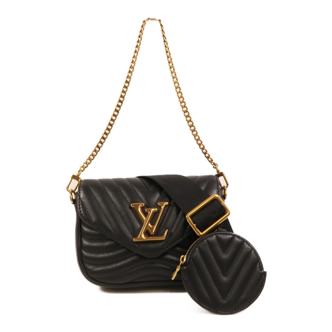 Louis Vuitton New Wave M56461 calfskin shoulder bag black: Louis Vuitton New Wave M56461 calfskin shoulder bag black A Louis Vuitton New Wave 2 Way Bag in black calfskin leather with gold hardware. The bag features a magnetic pocket and one inside card pocket