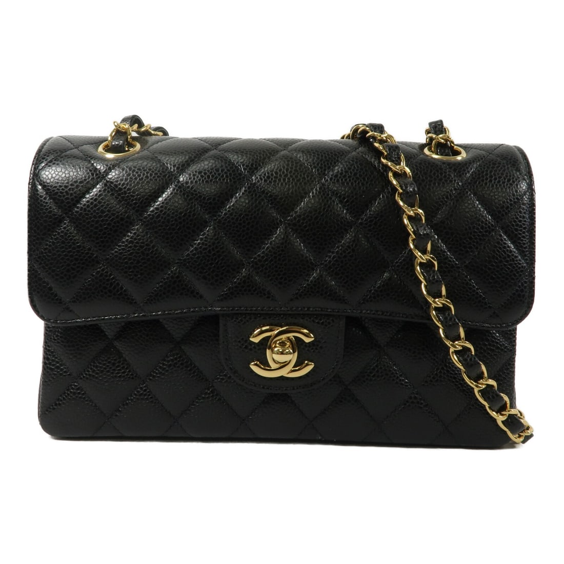 Chanel A01113 Classic 23 Black Calfskin Chain Shoulder Bag: Chanel A01113 Classic 23 Black Calfskin Chain Shoulder Bag Classic chain shoulder bag in black calfskin leather with gold-tone hardware. It features a turn-lock closure, one open exterior pocket, and 