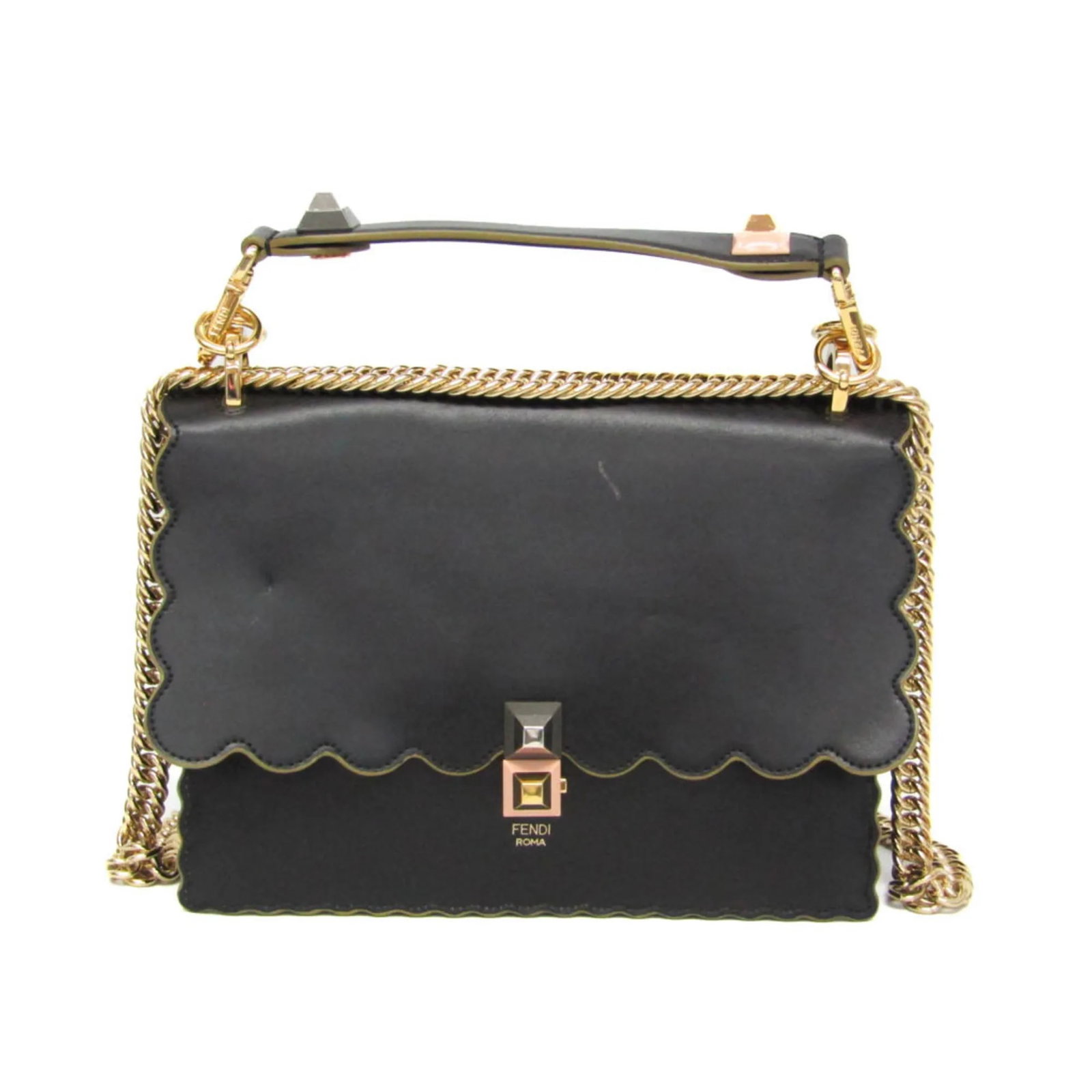 Fendi Kan I leather shoulder bag black: Fendi Kan I leather shoulder bag black Fendi Kan I Bag in black leather. This women's bag is made in Italy and is presented in fair condition, with light wear, light scratching, and light dirt to the 