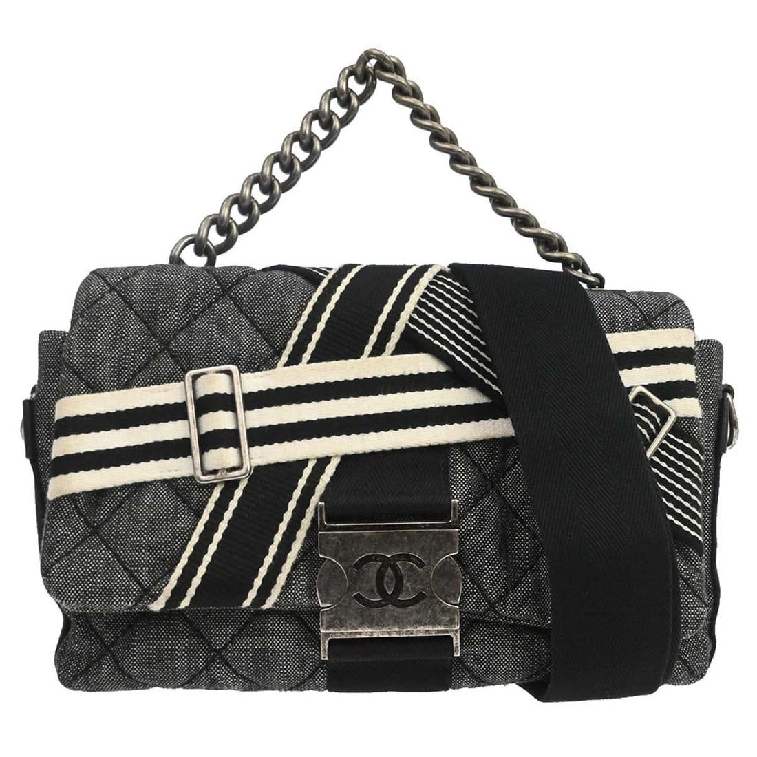 CHANEL Airlines Buckle Medium 2way Black Quilted Denim Handbag: CHANEL Airlines Buckle Medium 2way Black Quilted Denim Handbag Chanel black quilted denim medium 2way handbag with logo accent and inner zip pocket. Made in Italy, this women's bag features a top hand