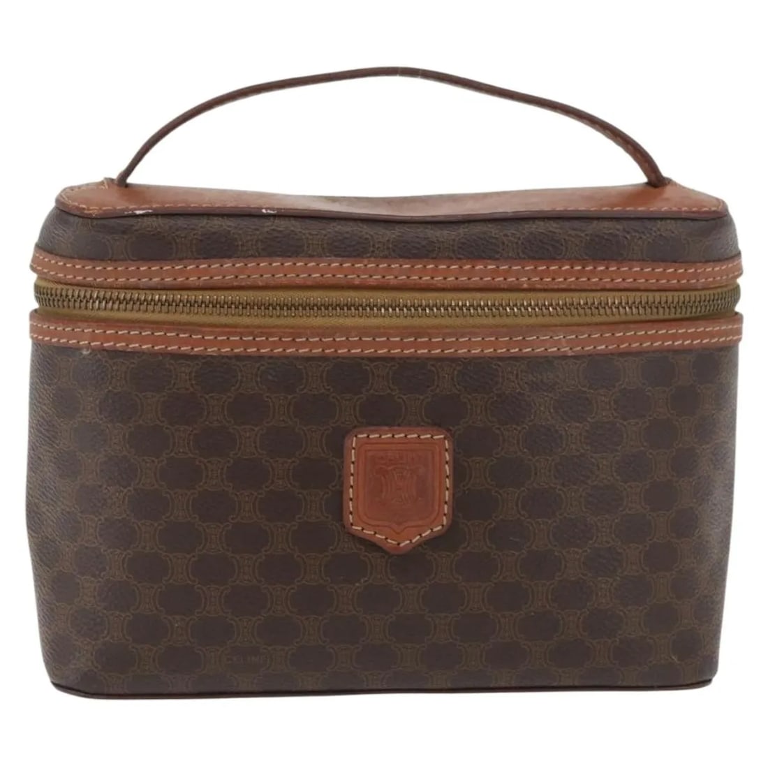Celine Macadam Brown Canvas Vanity Bag: Celine Macadam Brown Canvas Vanity Bag This Celine Macadam Vanity Bag features a classic brown canvas exterior with leather accents. The bag is designed for women and was crafted in Italy. It shows vi