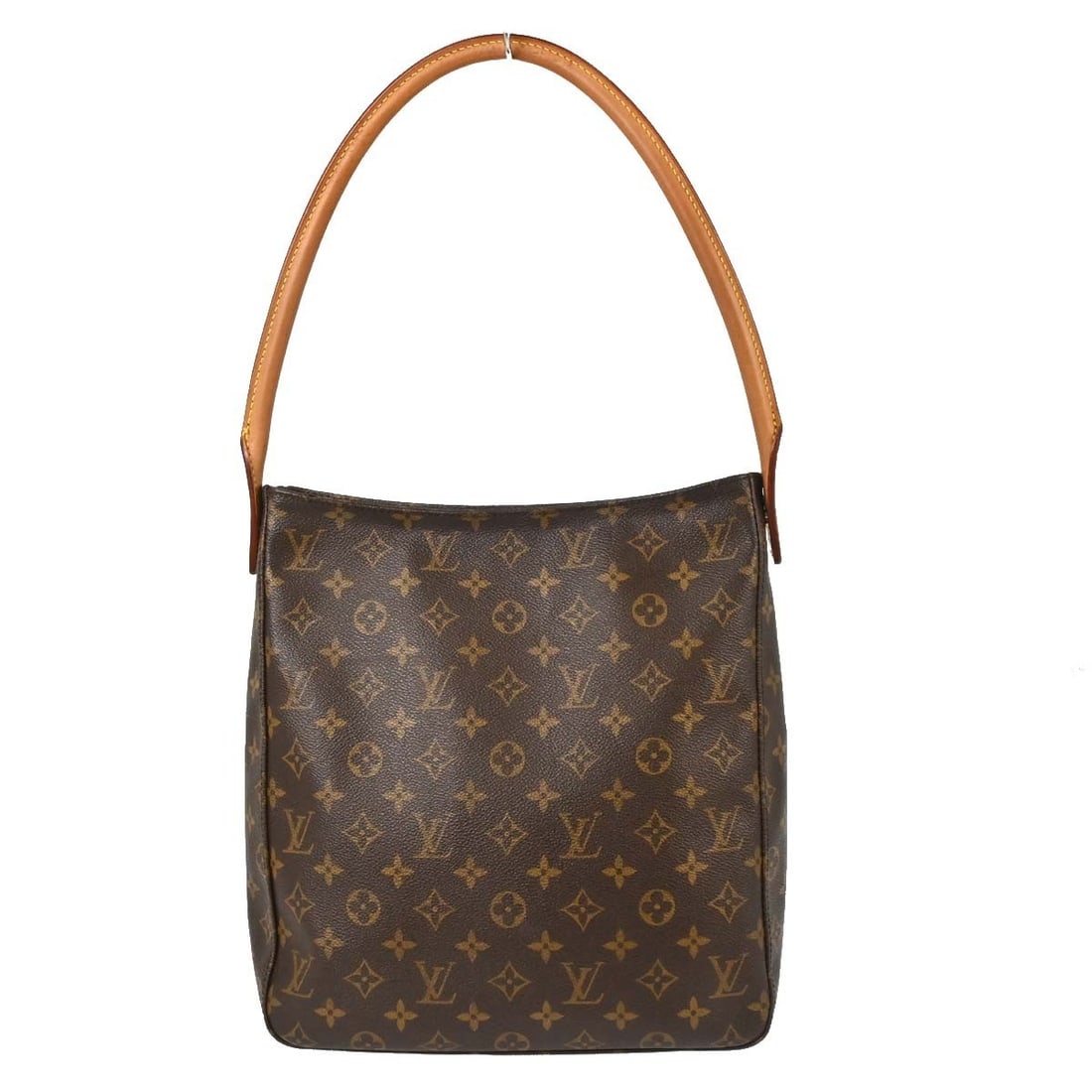 Louis Vuitton Looping GM Monogram Shoulder Bag M51145: Louis Vuitton Looping GM Monogram Shoulder Bag M51145 Vintage Louis Vuitton Looping GM shoulder bag in brown Monogram canvas with leather trim and a beige leather shoulder strap. The interior is lined