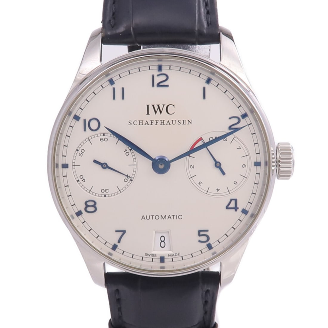 IWC IW500107 Portugieser Seven-Day men's automatic steel watch white dial: IWC IW500107 Portugieser Seven-Day men's automatic steel watch white dial IWC Portugieser Seven-Day IW500107 automatic watch for men, featuring a stainless steel case with a white dial and a leather b