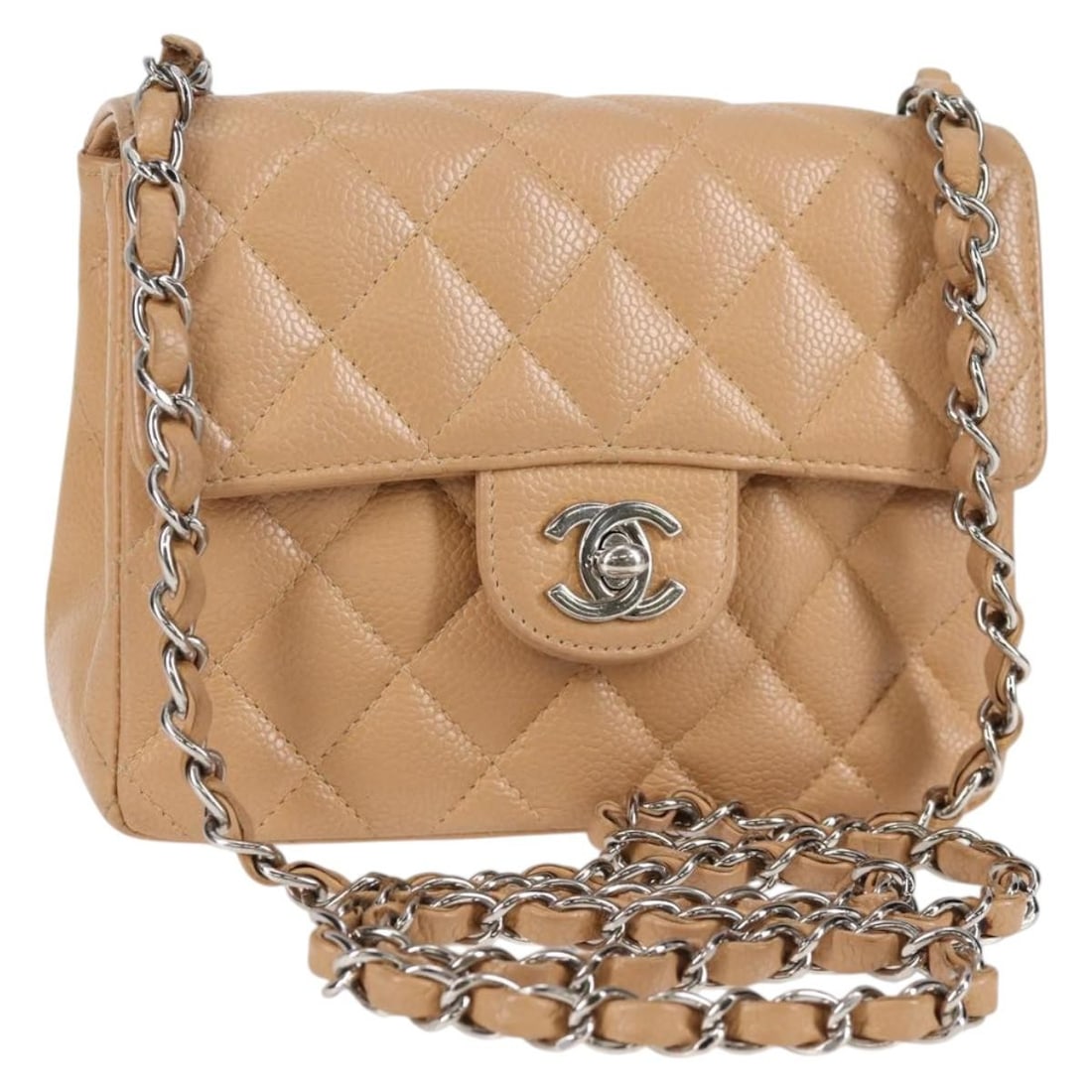 CHANEL Matelasse 17 Mini Shoulder Bag Beige Caviar Skin CC: CHANEL Matelasse 17 Mini Shoulder Bag Beige Caviar Skin CC CHANEL Mini Matelasse 17 Chain Shoulder Bag in beige Caviar Skin with silver-tone exterior details. This women's shoulder bag was made in Fra
