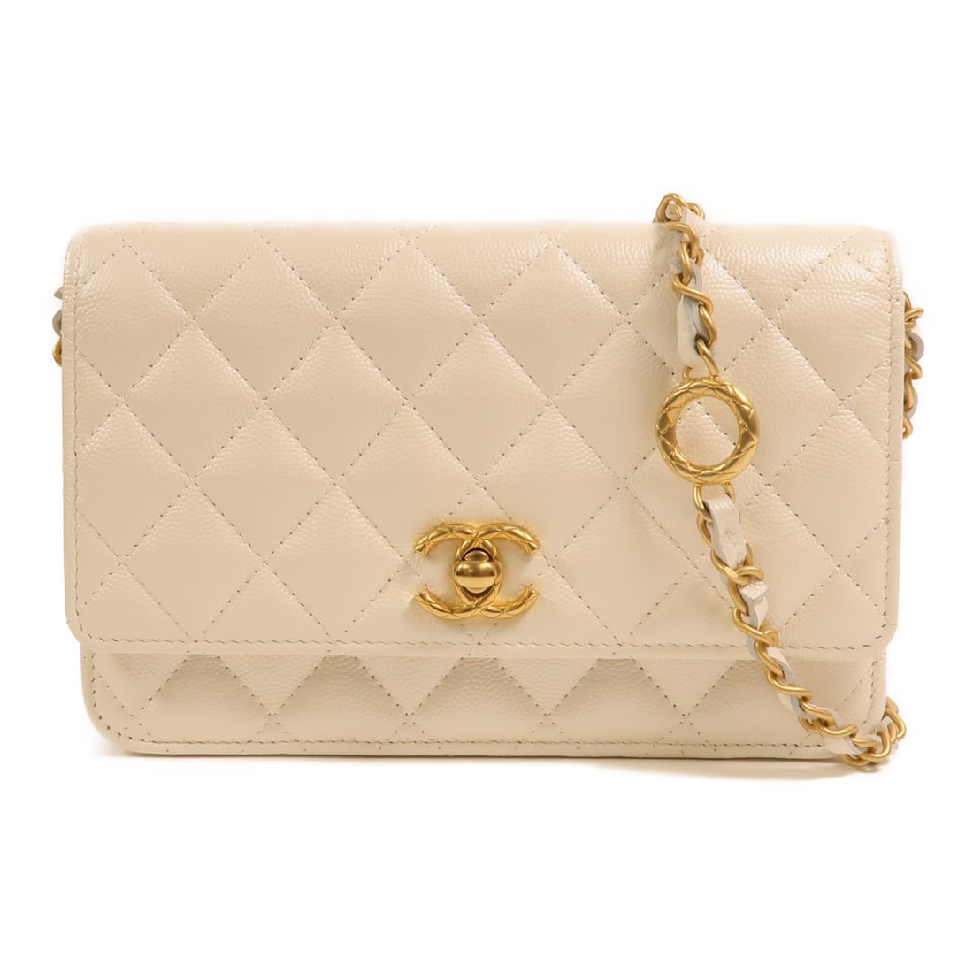 CHANEL WOC Wallet On Chain White Calfskin Shoulder Bag GHW CC: CHANEL WOC Wallet On Chain White Calfskin Shoulder Bag GHW CC CHANEL Wallet on Chain shoulder bag in white calfskin (cowhide) leather, presented in very good AB condition. The bag features a turn lock