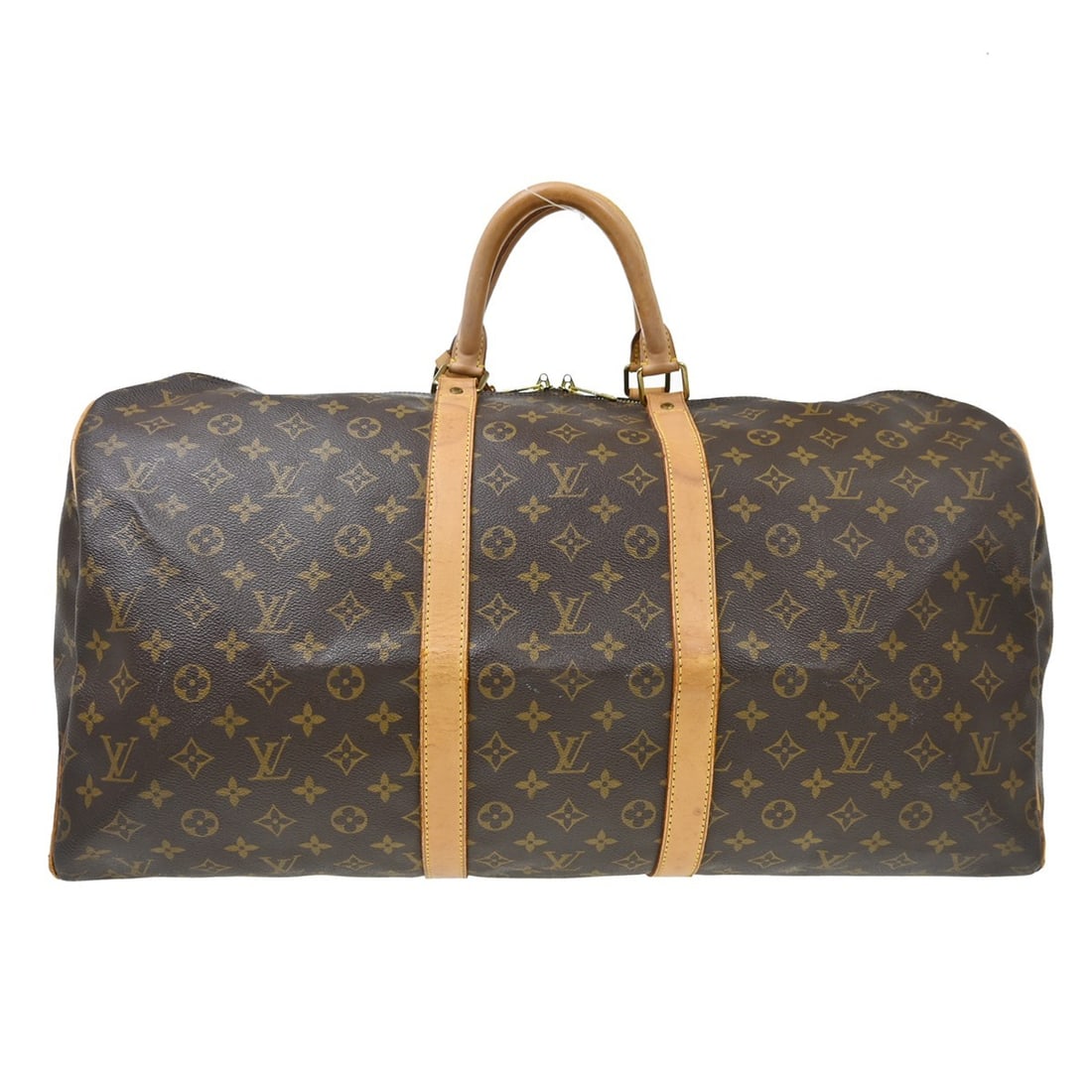 Louis Vuitton Keepall 55 Monogram Canvas Travel Duffle Bag M41424: Louis Vuitton Keepall 55 Monogram Canvas Travel Duffle Bag M41424 Vintage Louis Vuitton Keepall 55 travel handbag in brown Monogram canvas with leather trim and double handles. This extra-large duffle