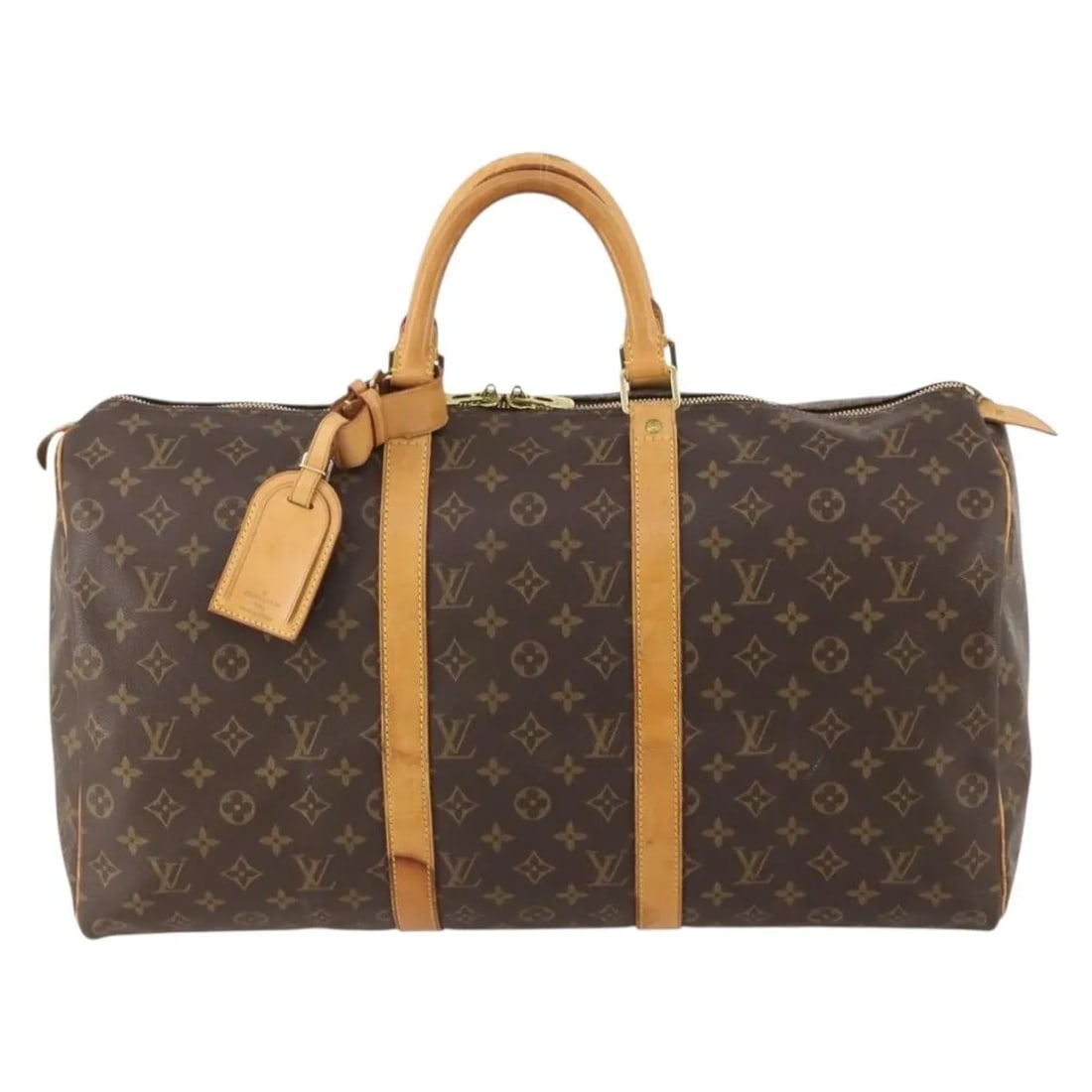 Louis Vuitton Keepall Canvas Travel Bag 50cm Brown: Louis Vuitton Keepall Canvas Travel Bag 50cm Brown This Louis Vuitton Keepall Bag features the iconic monogram canvas in brown and is designed for unisex use. The bag shows visible signs of wear, incl