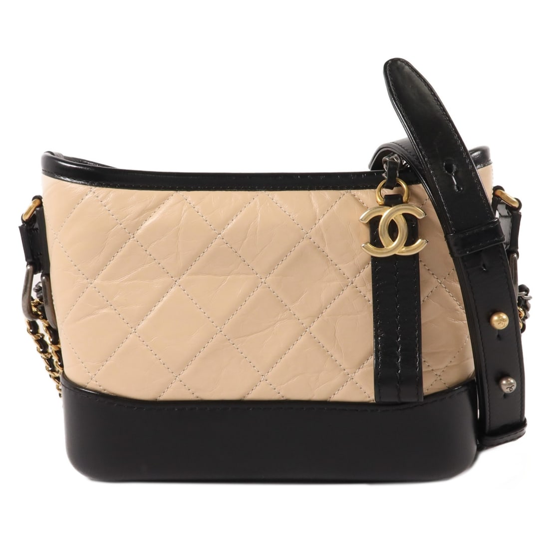 CHANEL Gabrielle Small Shoulder Bag Beige Black Lambskin A91810: CHANEL Gabrielle Small Shoulder Bag Beige Black Lambskin A91810 CHANEL CC Gabrielle Small Chain Shoulder Bag in beige and black lambskin leather. This small shoulder bag features a chain shoulder stra