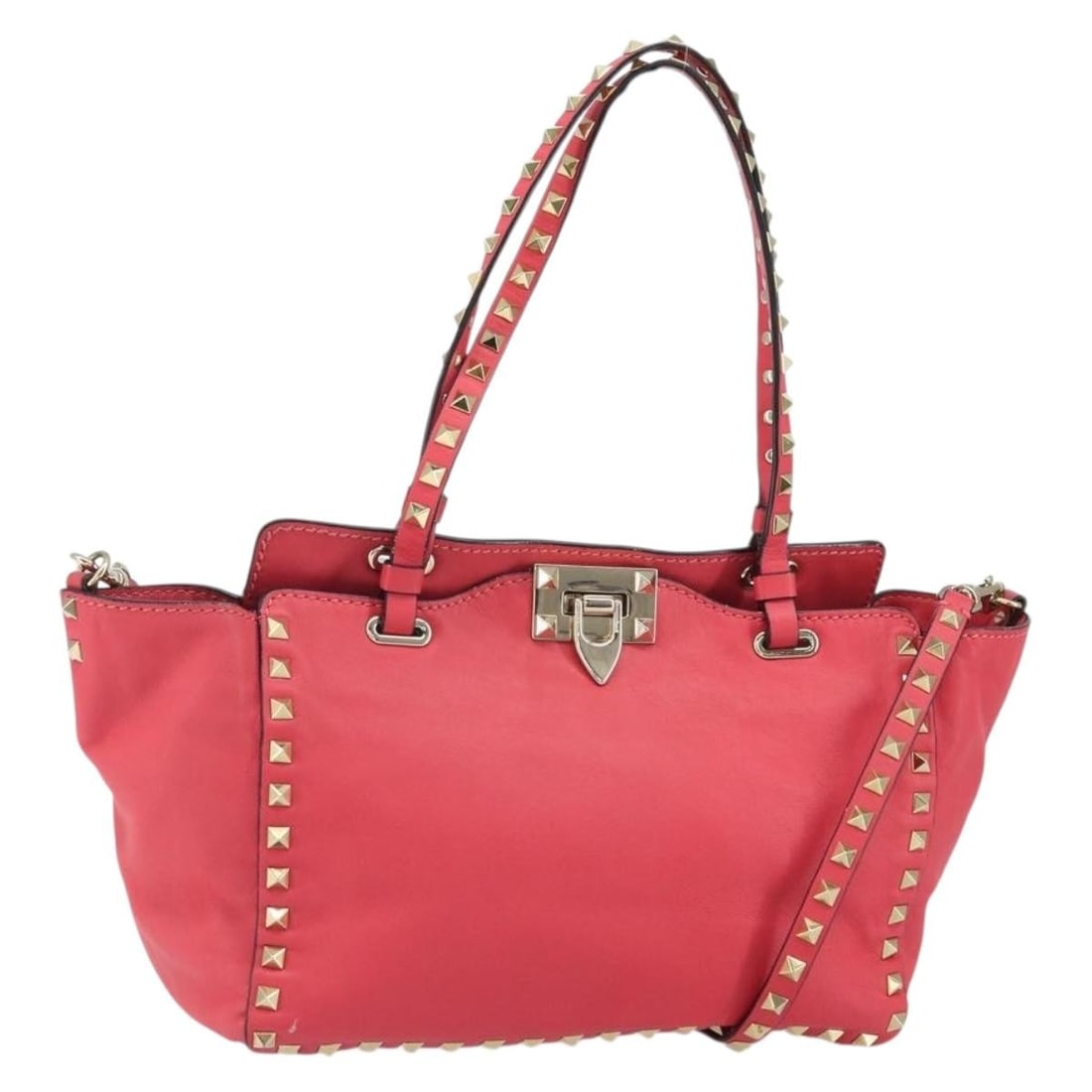 Valentino Rockstud Pink Leather Handbag with Gold Hardware and Shoulder Strap: Valentino Rockstud Pink Leather Handbag with Gold Hardware and Shoulder Strap This Valentino Rock Studs handbag is crafted from leather in a pink and gold color combination. Designed for versatile use
