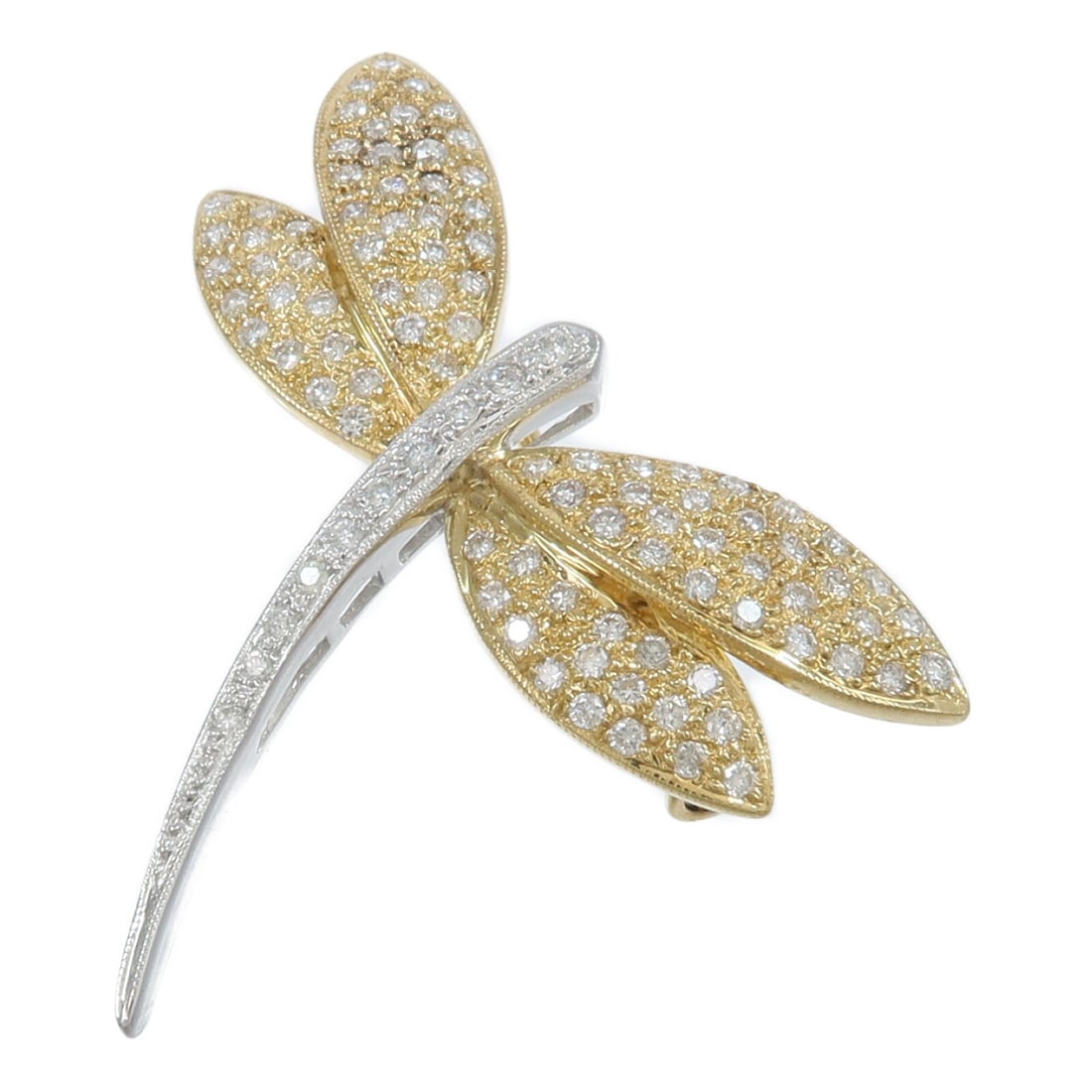 18K Yellow and White Gold Diamond Brooch 0.69ct 40mm: 18K Yellow and White Gold Diamond Brooch 0.69ct 40mm Diamond brooch in 18K yellow gold and white gold, set with clear diamonds. The piece is described as K18 yellow gold, K18WG white gold, and diamond