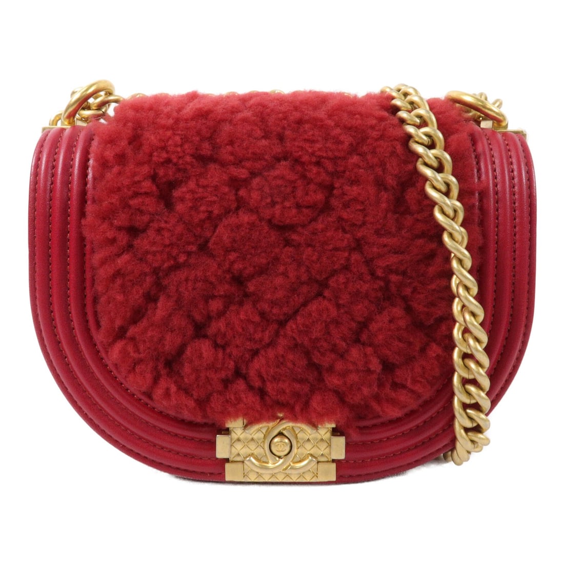 Chanel Boy Messenger Shoulder Bag AS3350 Red Calfskin Wool: Chanel Boy Messenger Shoulder Bag AS3350 Red Calfskin Wool CHANEL Boy Messenger Chain Shoulder Bag in red calfskin leather and wool. This model AS3350 features a chain shoulder strap, flap pocket, and