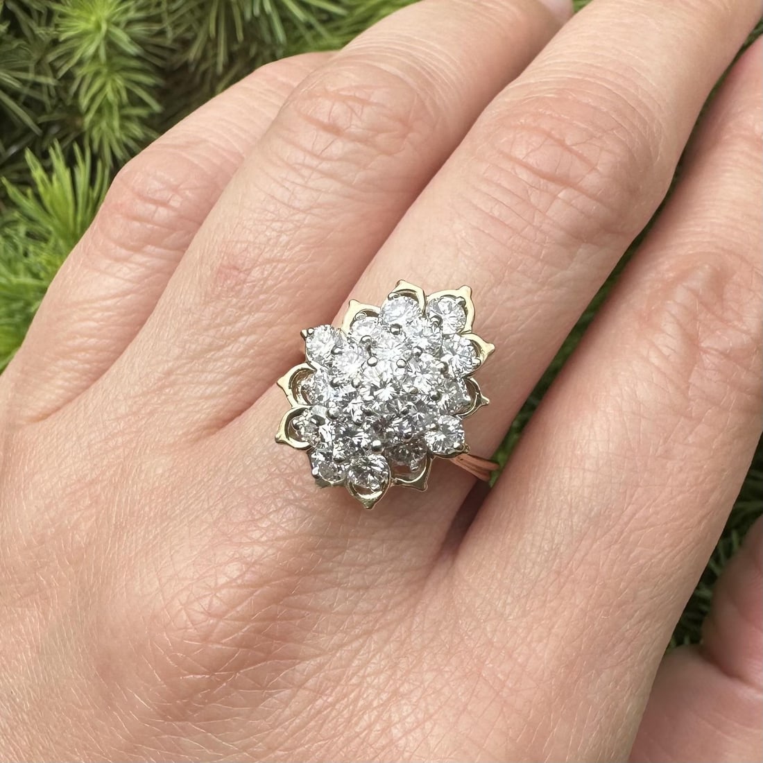 14k Yellow Gold Diamond Cluster Cocktail Ring Size 8 2.15ctw: 14k Yellow Gold Diamond Cluster Cocktail Ring Size 8 2.15ctw This vintage cocktail ring features a stunning cluster of approximately 2.15 carats total weight of natural, round brilliant cut diamonds. 