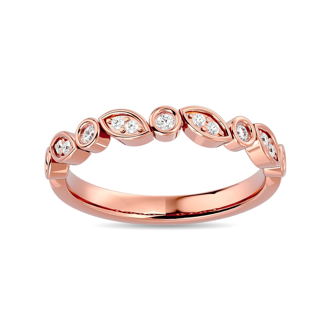 Diamond 1/6 Ct.tw Stack Band in 14K Rose Gold: Diamond 1/6 Ct.tw Stack Band in 14K Rose Gold 14k Rose Gold Stone Color: G-h Stone Clarity: I1 Each ring is presented in standard size 6.5. Complimentary resizing is available between sizes 510 (in 1/