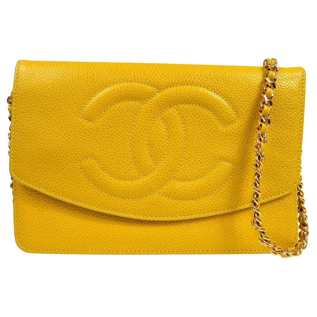 Chanel Timeless Wallet on Chain Yellow Caviar Leather: Chanel Timeless Wallet on Chain Yellow Caviar Leather Chanel Timeless Wallet on Chain in yellow caviar skin leather. This women's wallet features a folding design and chain strap, with multiple interi