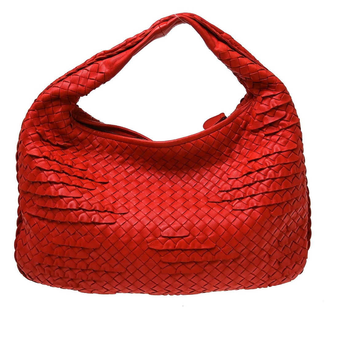 Bottega Veneta Intrecciato Red Lambskin Hobo Bag B02390506F: Bottega Veneta Intrecciato Red Lambskin Hobo Bag B02390506F Bottega Veneta Intrecciato hobo handbag in red lambskin, made in Italy. The bag is described as being in good condition overall, with a hobo