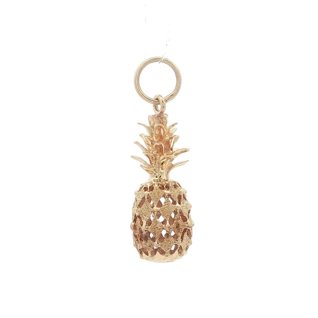 Textured 14k Yellow Gold Pineapple Pendant With Openwork Detailing: Textured 14k Yellow Gold Pineapple Pendant With Openwork Detailing This pineapple charm pendant is crafted from solid 14k yellow gold and features a detailed, textured, diamond cut openwork design. Th