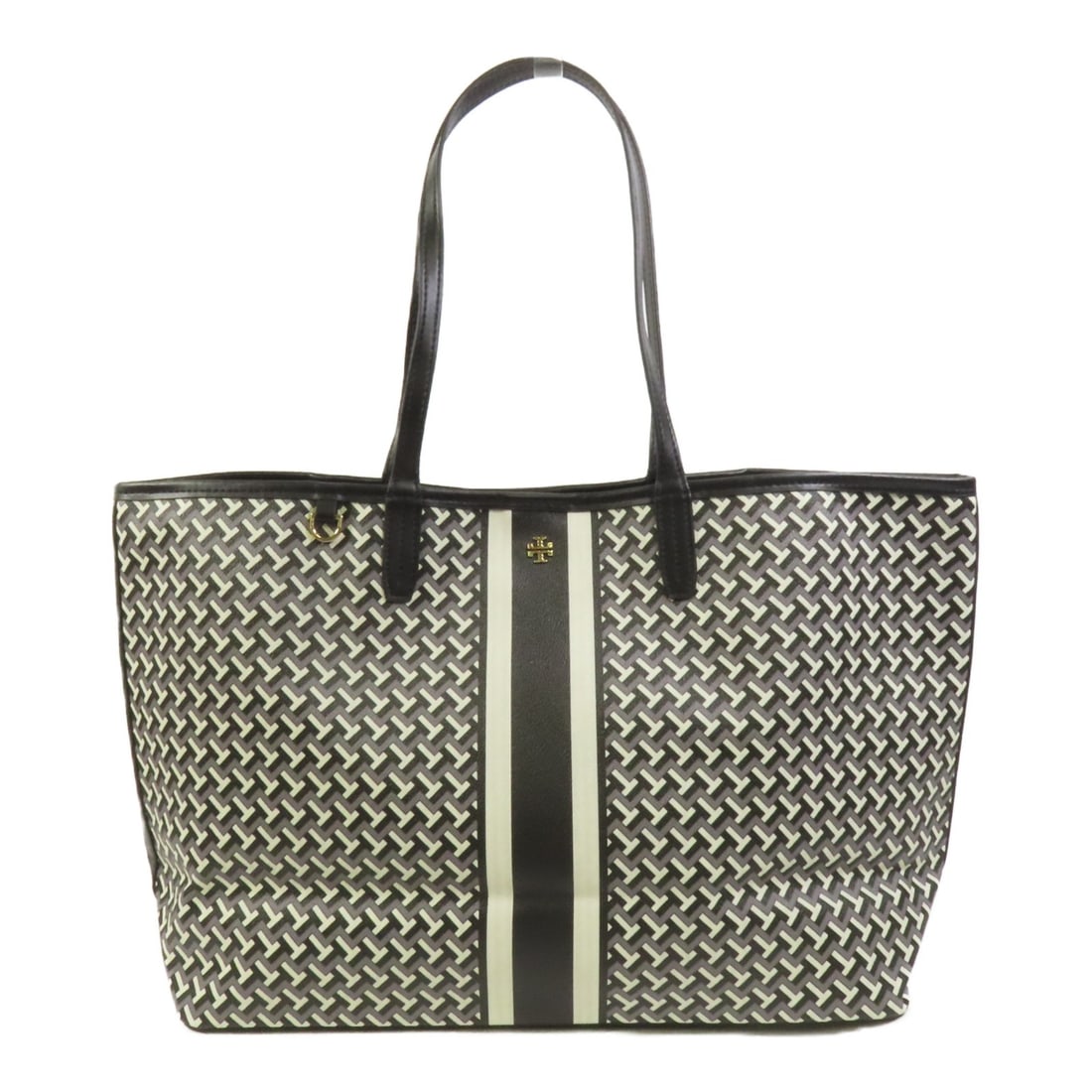 Tory Burch 10008684 Black PVC Coated Canvas Tote Bag: Tory Burch 10008684 Black PVC Coated Canvas Tote Bag A Tory Burch women's tote bag in black PVC coated canvas with a shoulder bag style. It features a magnetic pocket and one open interior pocket. The