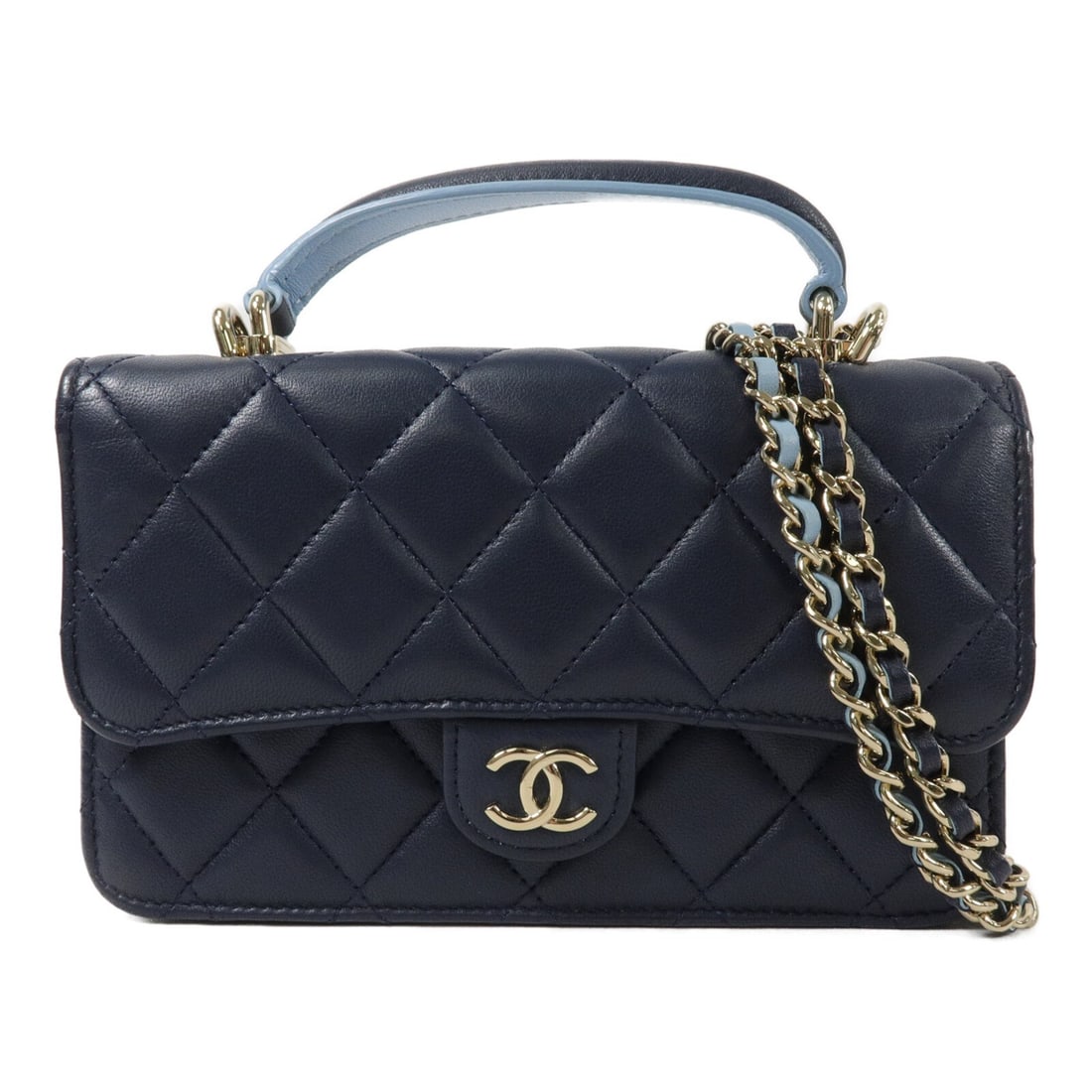 CHANEL Mini Flap 2 Way Shoulder Bag Blue Lambskin CC GHW: CHANEL Mini Flap 2 Way Shoulder Bag Blue Lambskin CC GHW A CHANEL CC GHW Mini Flap Bag 2 Way Shoulder Bag in blue lambskin leather. It features a magnetic pocket, three open interior pockets, and one 