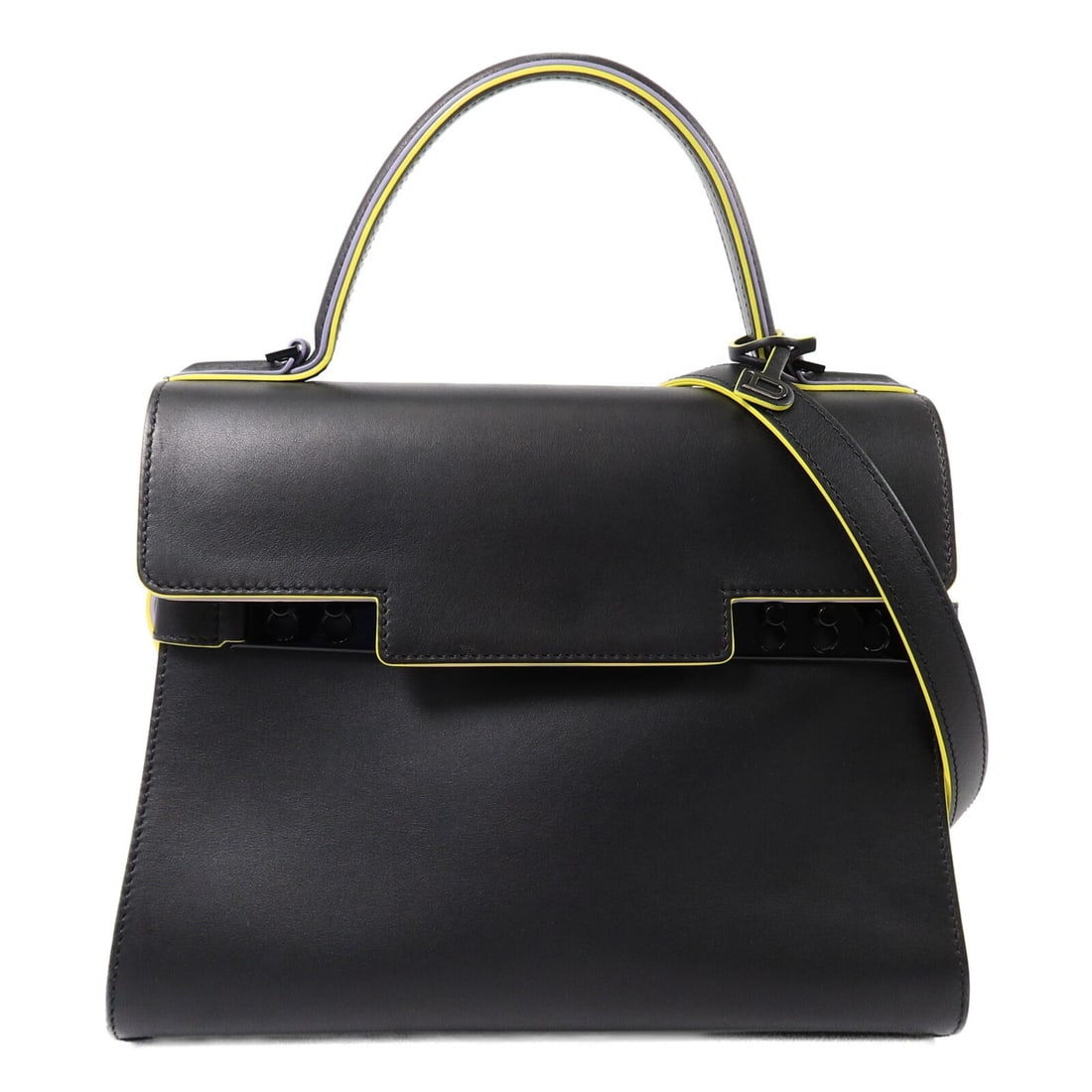 Delvaux Tempete MM Calfskin 2 Way Shoulder Bag AA0612 Black Yellow: Delvaux Tempete MM Calfskin 2 Way Shoulder Bag AA0612 Black Yellow Delvaux Tempete MM 2 Way Shoulder Bag in calfskin, model AA0612, with a black/yellow/black color combination. This bag features an in