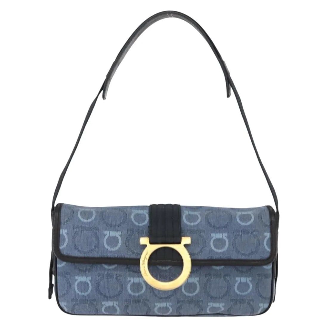 Salvatore Ferragamo Gancini Navy Canvas Shoulder Bag: Salvatore Ferragamo Gancini Navy Canvas Shoulder Bag This Salvatore Ferragamo Gancini shoulder bag is crafted from navy canvas with leather accents. Designed for women, it features a structured silhou