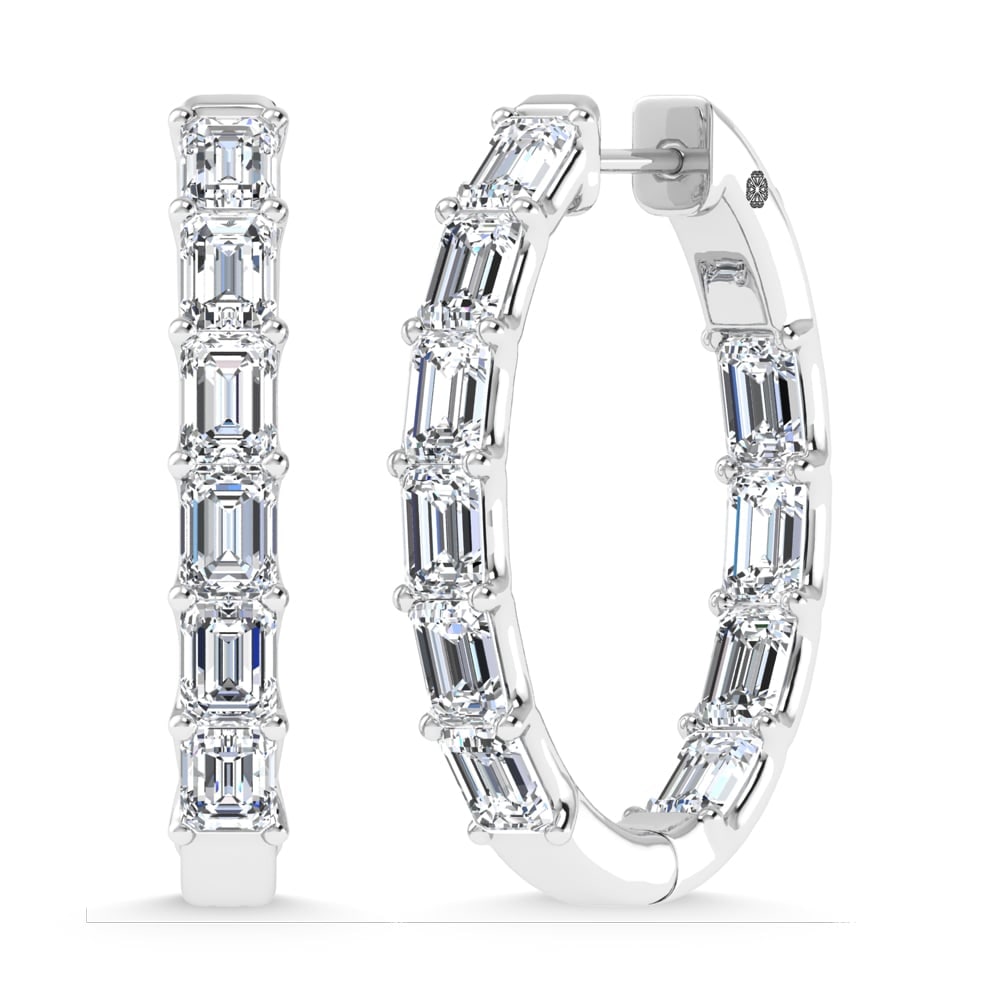 14K White Gold 4 Ct.Tw. Lab Grown Diamond Vertical Emerald Shape In and Out Hoop Earrings: 14K White Gold 4 Ct.Tw. Lab Grown Diamond Vertical Emerald Shape In and Out Hoop Earrings Sophisticated 14K white gold hoops featuring 4 Ct.Tw. lab-grown diamonds in vertical emerald shape. 14k White 
