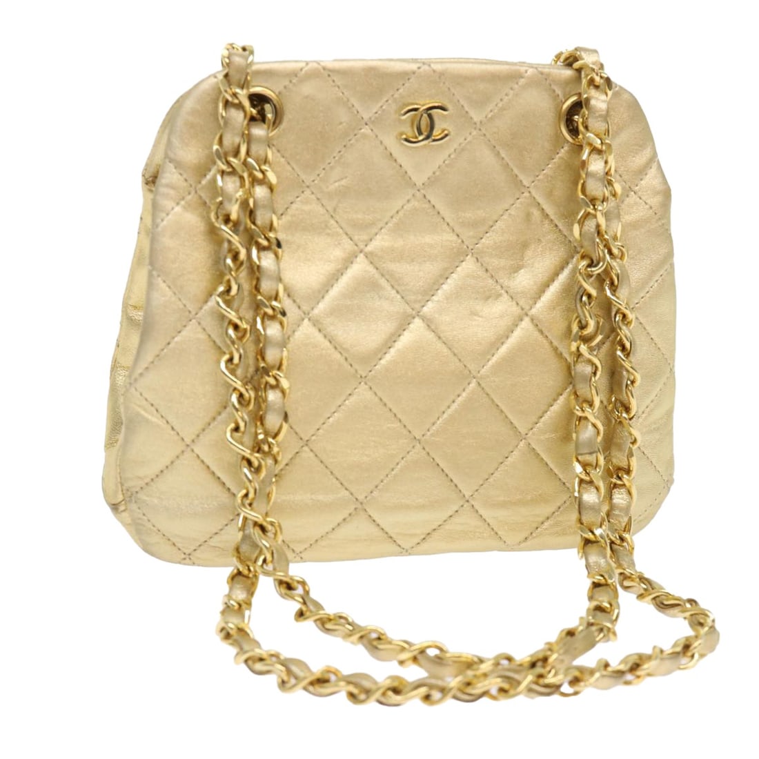 CHANEL Matelasse Leather Shoulder Bag Gold CC with Dust Bag Box: CHANEL Matelasse Leather Shoulder Bag Gold CC with Dust Bag Box This CHANEL Matelasse Chain Shoulder Bag is crafted from leather in a gold color and made in France. It features a shoulder bag style wi