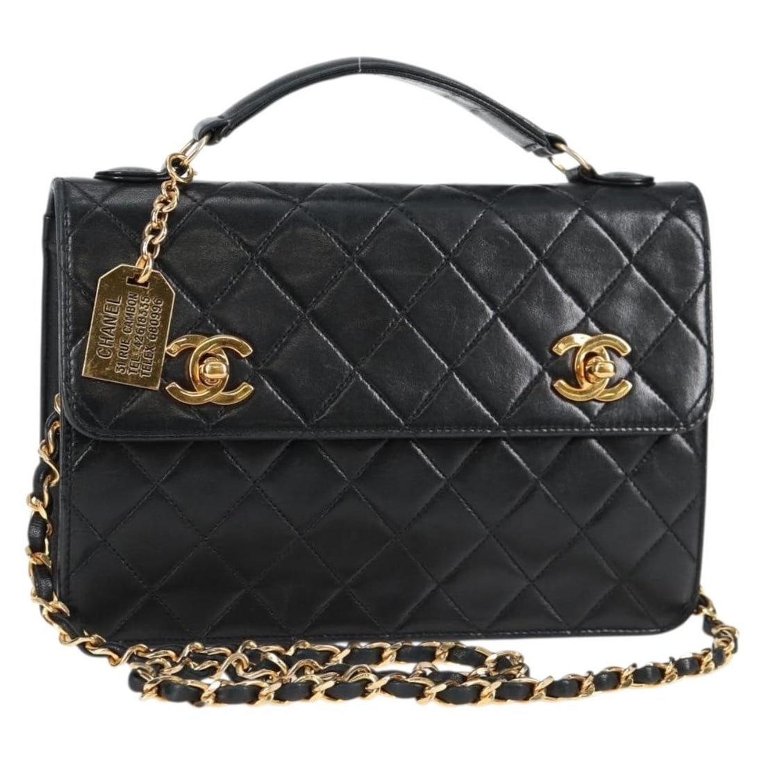 CHANEL CC 2way Lamb Skin Shoulder Bag Black Gold France: CHANEL CC 2way Lamb Skin Shoulder Bag Black Gold France CHANEL Matelasse chain shoulder bag in black and gold lamb skin, made in France. This women's shoulder bag features a 2-way style and comes with