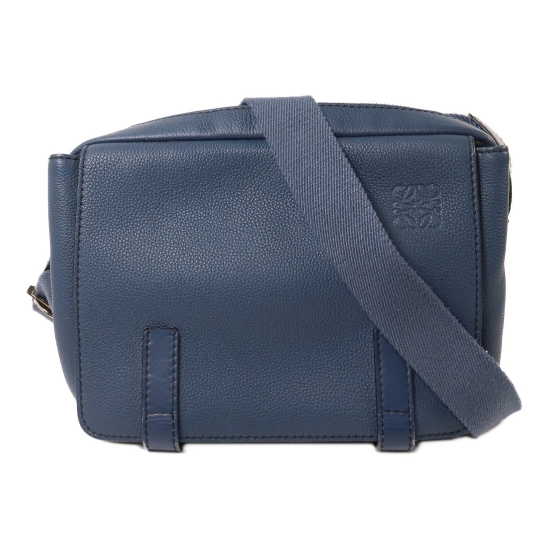 Blue Calfskin XS Shoulder Bag LOEWE Military with Storage Bag: Blue Calfskin XS Shoulder Bag LOEWE Military with Storage Bag LOEWE SHW Military XS Shoulder Bag in blue calfskin leather. This shoulder bag features a magnetic outer pocket, an open inner pocket, and