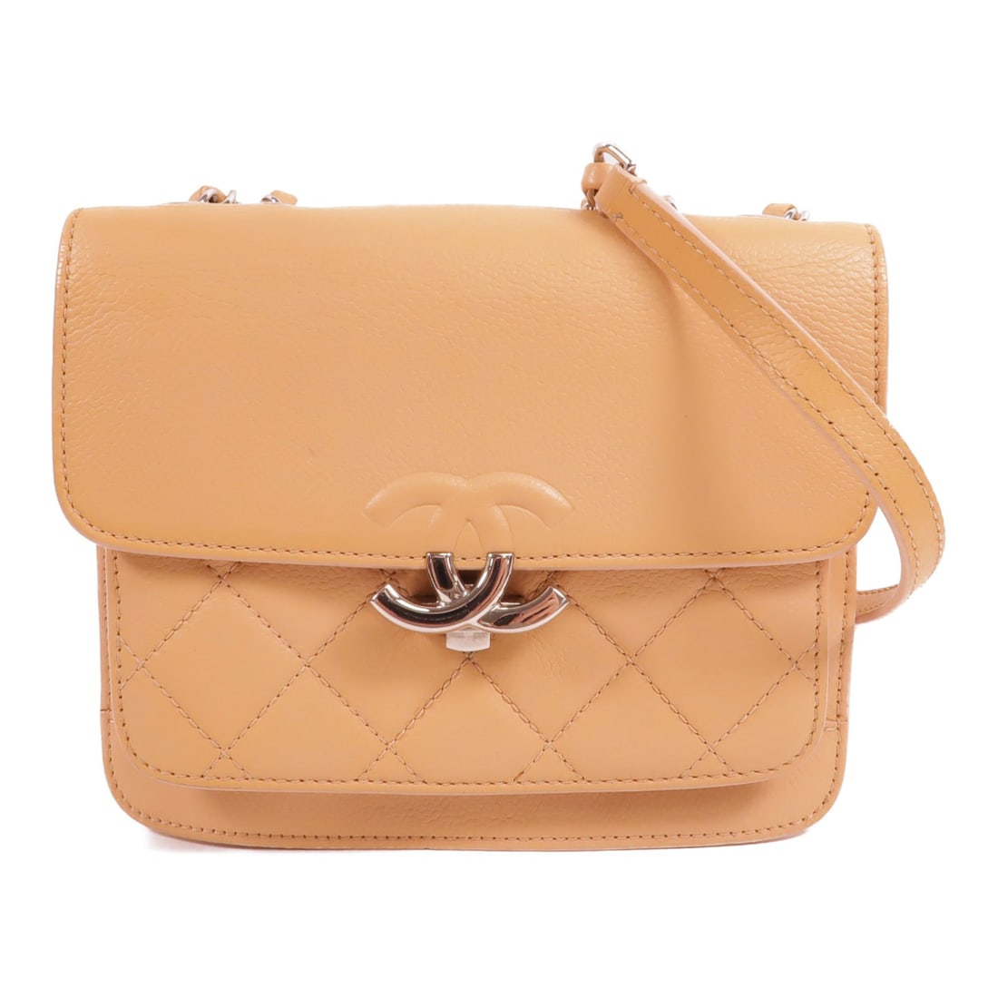 CHANEL CC Calfskin Chain Shoulder Bag Beige Pink SHW: CHANEL CC Calfskin Chain Shoulder Bag Beige Pink SHW CHANEL CC SHW Chain Shoulder Bag in calfskin leather, presented in beige with pink and beige color accents. This shoulder bag features a flap pocke