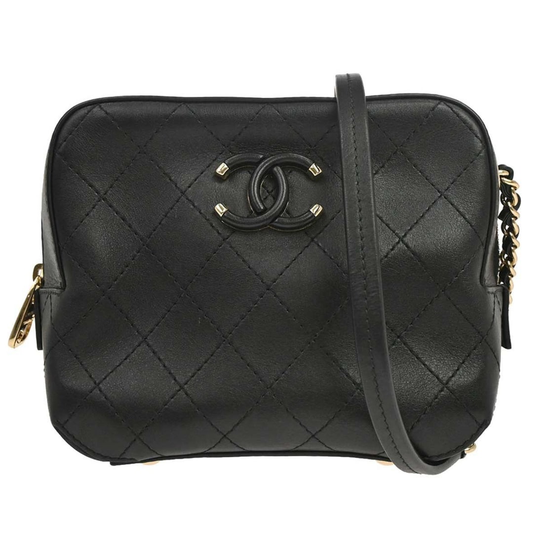 CHANEL quilted calfskin shoulder camera bag in black: CHANEL quilted calfskin shoulder camera bag in black Black calfskin shoulder bag in a square shape with a zip closure and quilted accents. It features a chain strap, inner pockets, and one outside poc