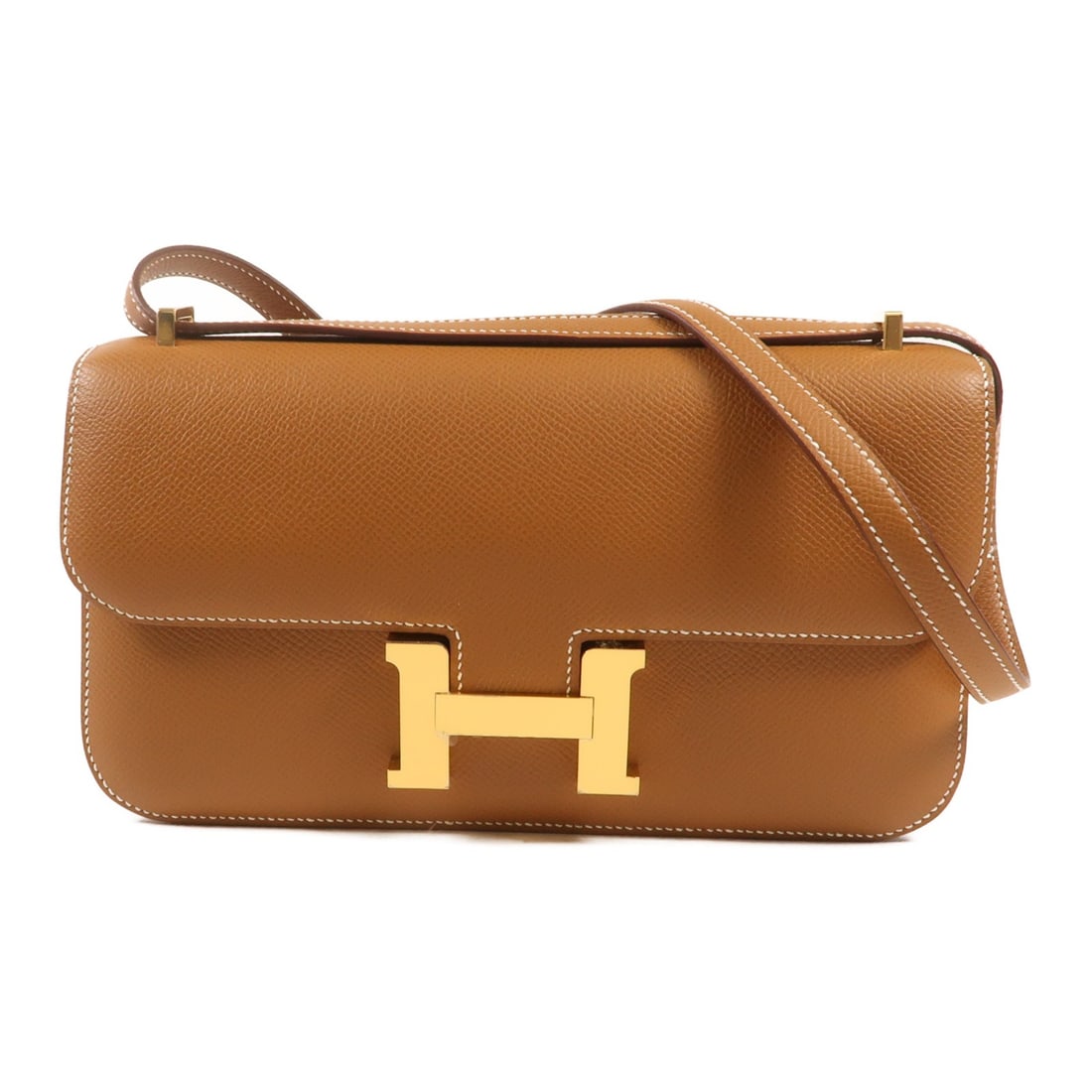 Hermes Constance Elan Epsom Shoulder Bag Gold Brown GHW: Hermes Constance Elan Epsom Shoulder Bag Gold Brown GHW A Hermes Constance Elan shoulder bag crafted in Epsom leather and calfskin (cowhide), presented in gold x brown x gold. It features a flap closu