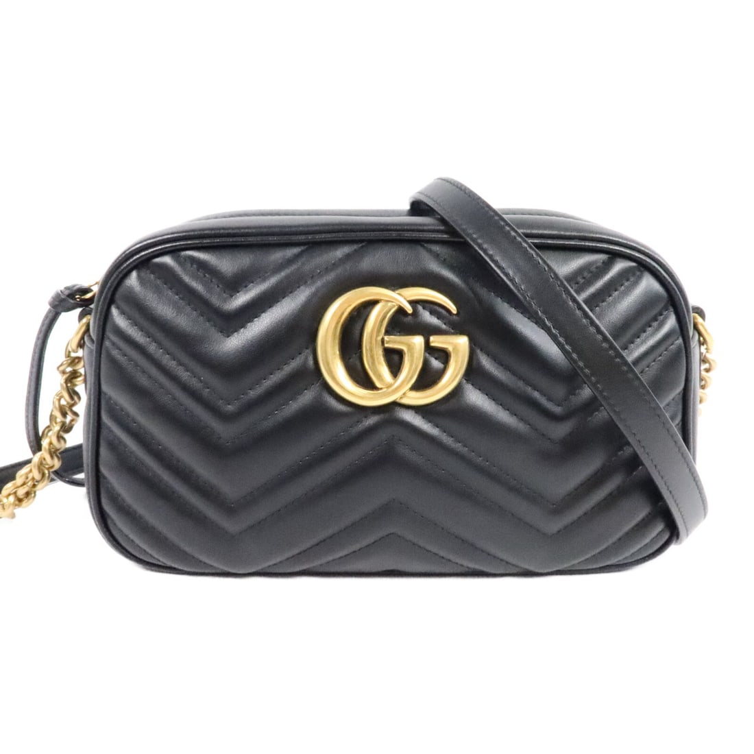 Gucci 447632 GG Marmont black calfskin shoulder bag: Gucci 447632 GG Marmont black calfskin shoulder bag A Gucci GG Marmont shoulder bag in black calfskin leather, identified by model number 447632. It features a shoulder strap and an interior open pock