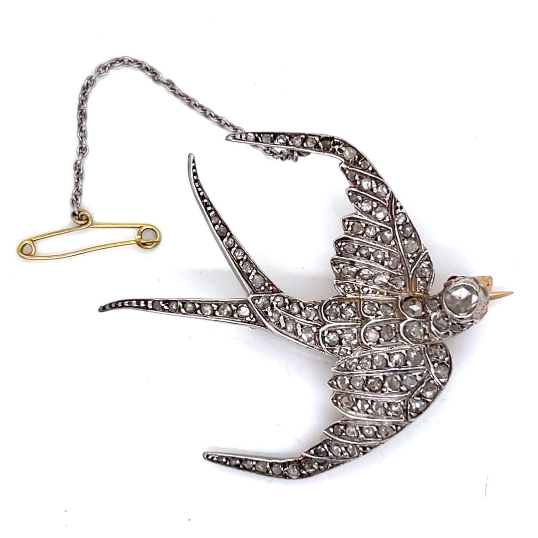 Diamond Bird Brooch in 14K Gold and Silver with Rose-Cut Stones (1 of 4)