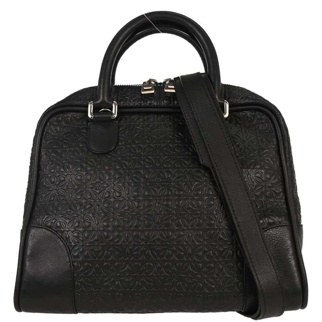 Loewe Amazona 75 Repeat Anagram Black Leather Top Handle Bag: Loewe Amazona 75 Repeat Anagram Black Leather Top Handle Bag A black leather Amazona 75 2way handbag from Loewe, styled as a top handle bag with double handles and an included shoulder strap. It featu