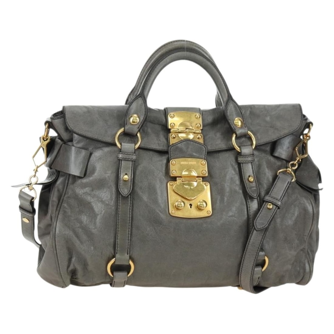 Miu Miu gray leather 2way handbag with shoulder strap: Miu Miu gray leather 2way handbag with shoulder strap Gray leather 2-way handbag with gold-tone accents and a structured silhouette. Includes a dust bag and shoulder strap for hand carry or shoulder w
